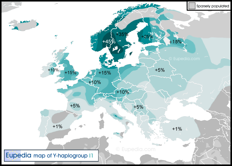 Distribution map of haplogroup I1 in Europe