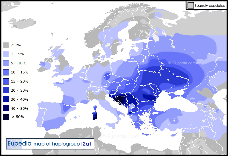 Répartition géographique de l'haplogroupe I2a1 (anciennement I2a) en Europe