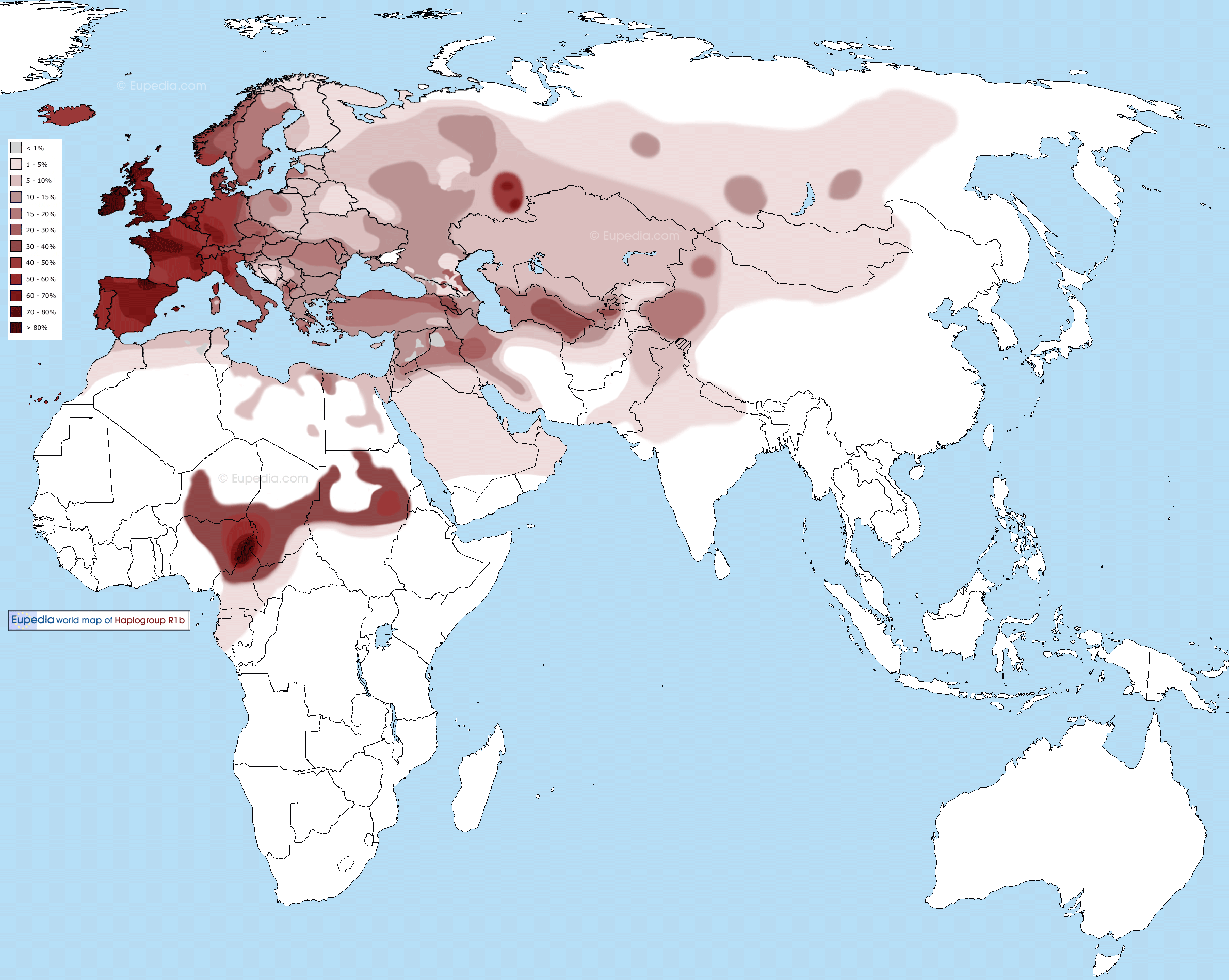 Distribution map of haplogroup R1b in the Old World (Eurasia and Africa) - Eupedia