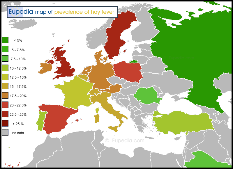 Map of hay fever prevalence in and around Europe