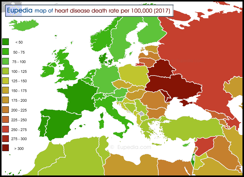 Map of cardiovascular disease death rate per 100,000 people in and around Europe