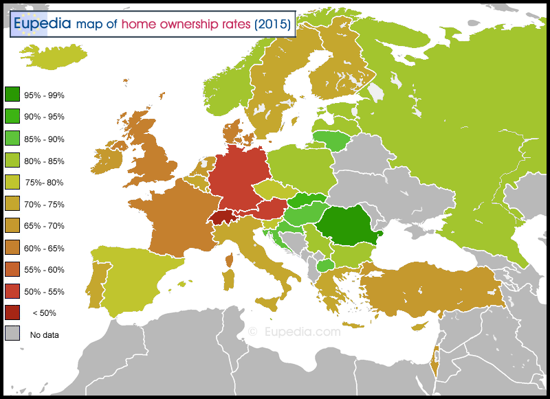 Map of home ownership rate by country in and around Europe