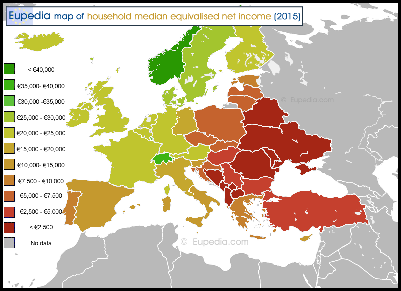 Map of household equivalised net income by country in and around Europe