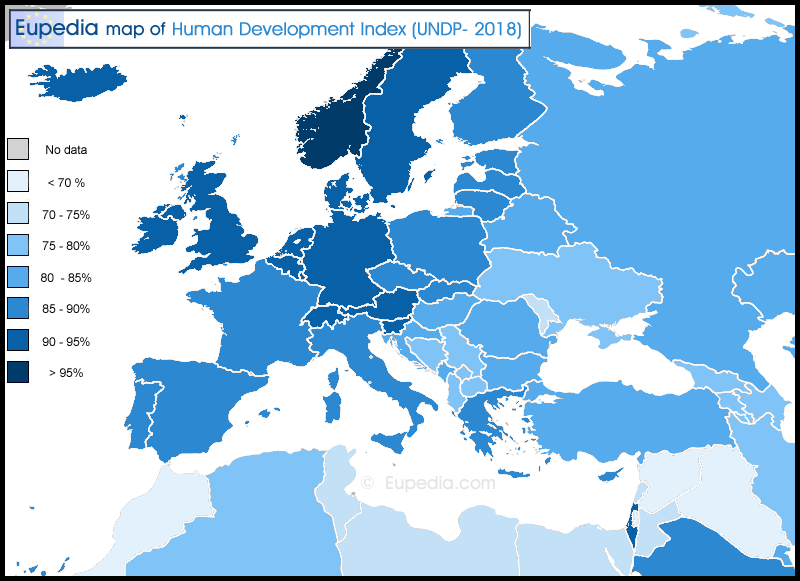 Map of Human Development by country in and around Europe