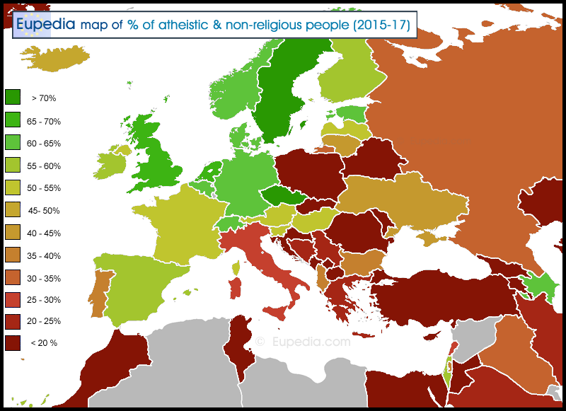 Map of percentage of Atheists, Agnostics and non-religious people in and around Europe