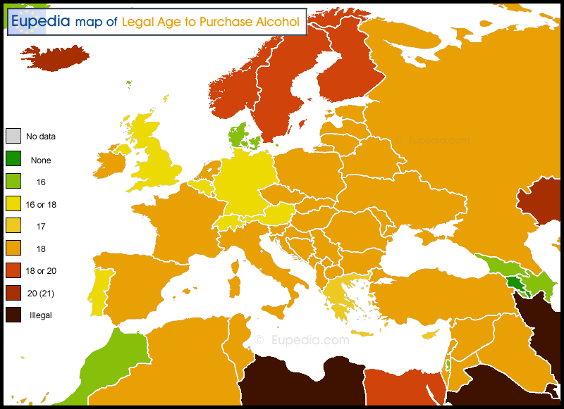 Map of legal age to purchase alcohol by country in and around Europe