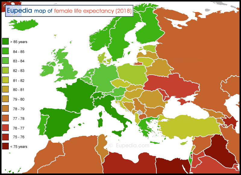 Map of female life expectancy in and around Europe