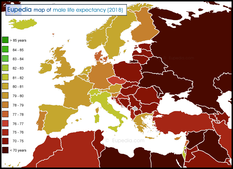 Map of male life expectancy in and around Europe