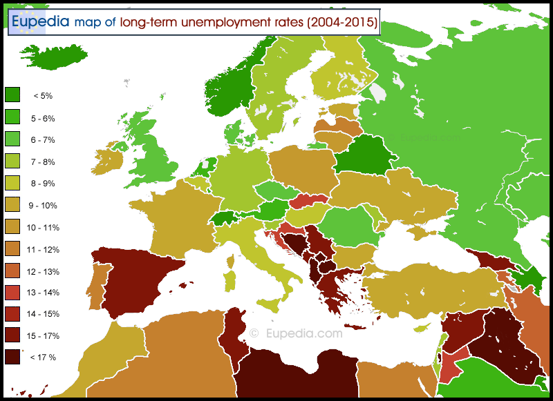 Map of averaged long-term unemployment rate (2004-2015) by country in and around Europe