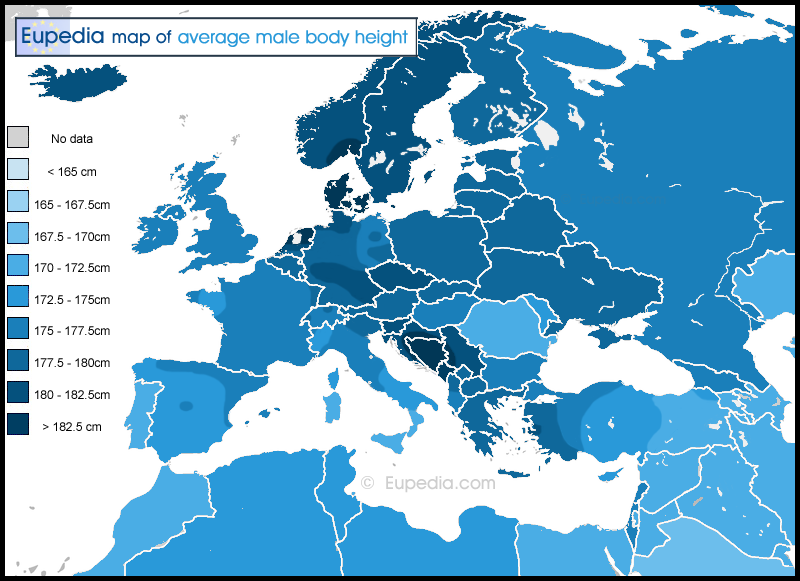 Map of average body height by country (and region) in Europe, North Africa and the Middle East