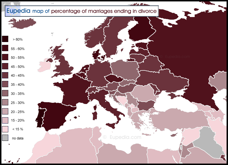 Map of percentage of marriages ending in divorce by country in and around Europe