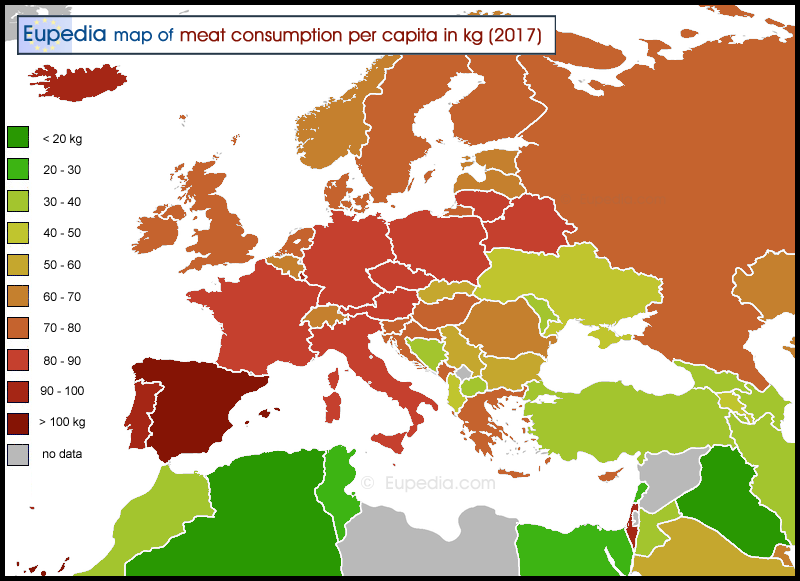 Map of meat consumption per capita per year in and around Europe