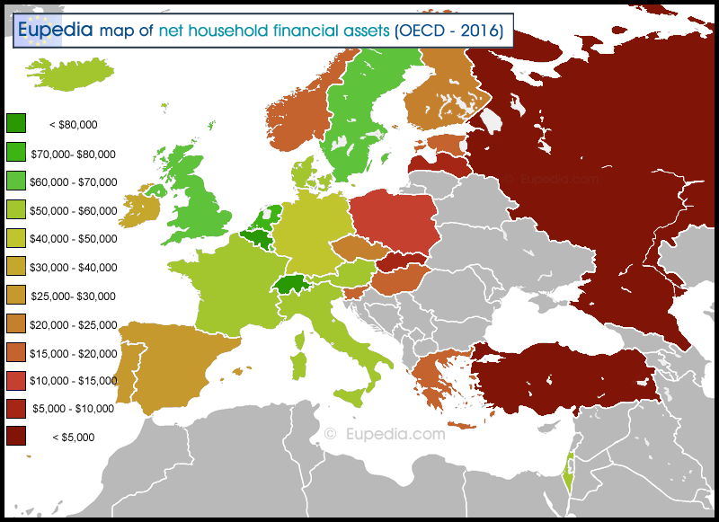 Mapa de la riqueza financiera neta de los hogares por pas en Europa y sus alrededores