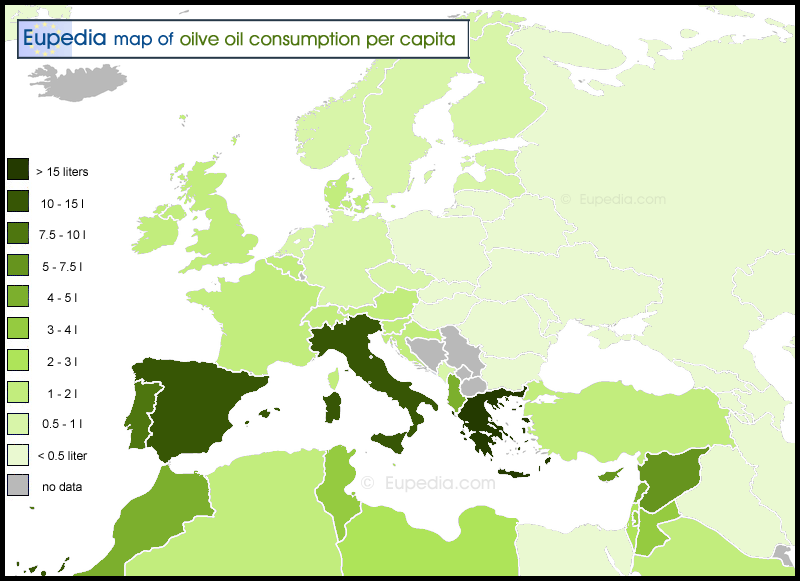 Map of olive oil consumption per capita per year in and around Europe