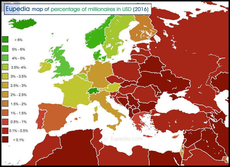 Karte des Millionärsanteils nach Ländern in und um Europa