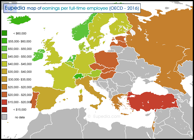 Map of average salary per full-time worker by country in and around Europe