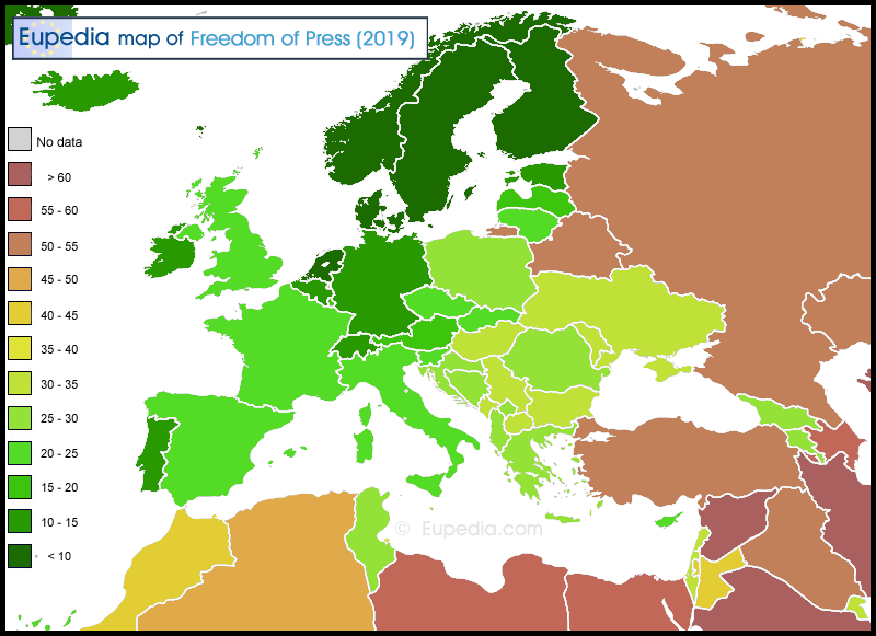 Map of freedom of press by country in and around Europe