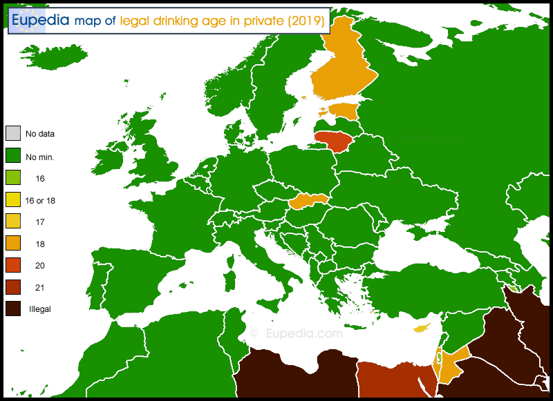 Map of legal drinking age in private by country in and around Europe