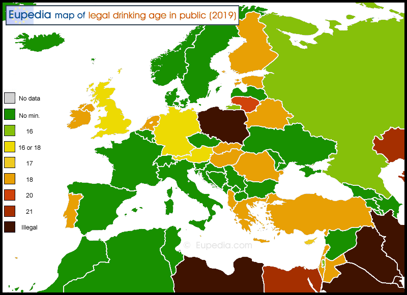 Map of legal drinking age by country in and around Europe