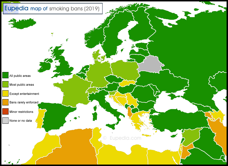 Map of smoking bans by country in and around Europe