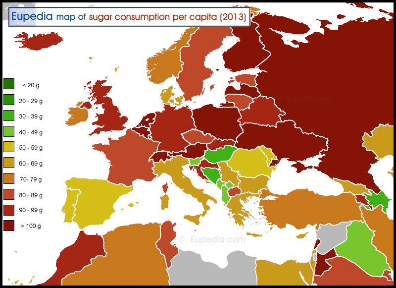 Map of sugar consumption per capita per day in and around Europe