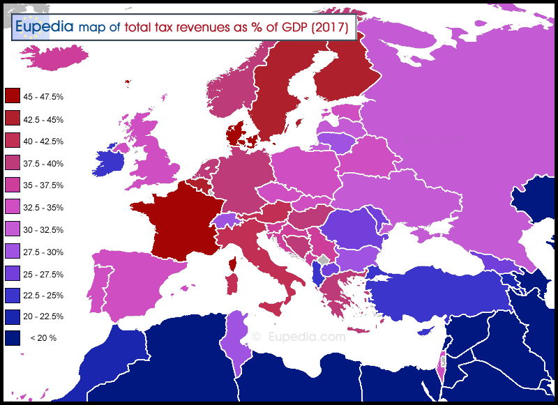 Map of Total Tax Revenues as Percentage of GDP by country in and around Europe