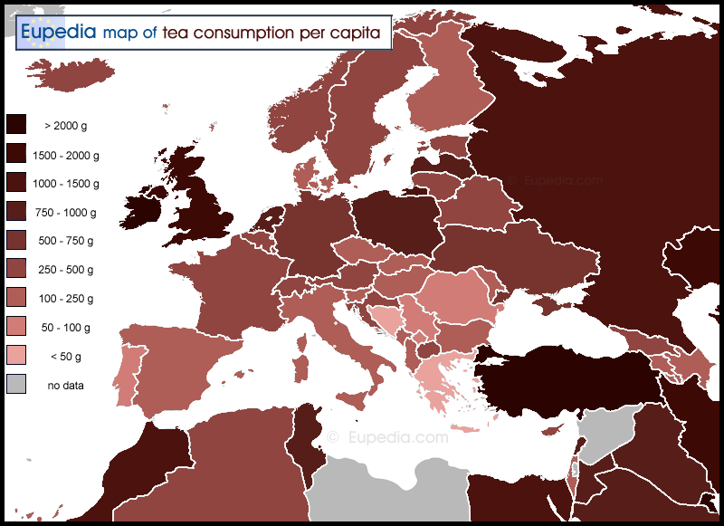 Map of tea consumption per capita per year in and around Europe