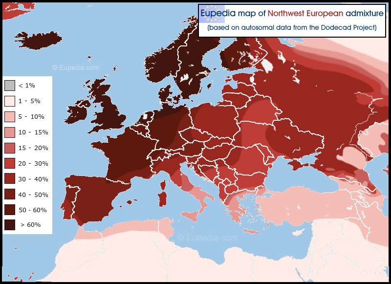 Distribution of the Northwest European admixture in and around Europe