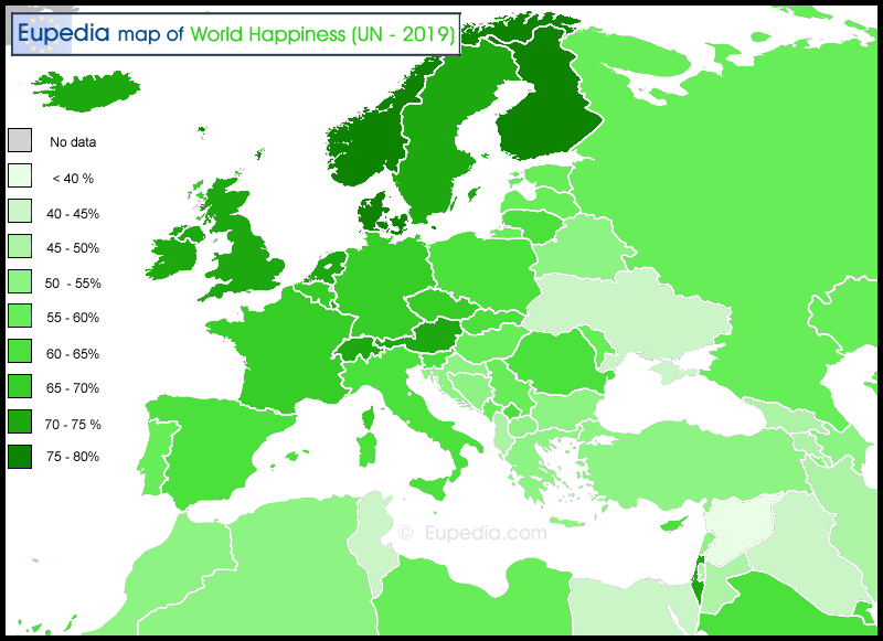 Map of World Happiness Report (2019) by country in and around Europe