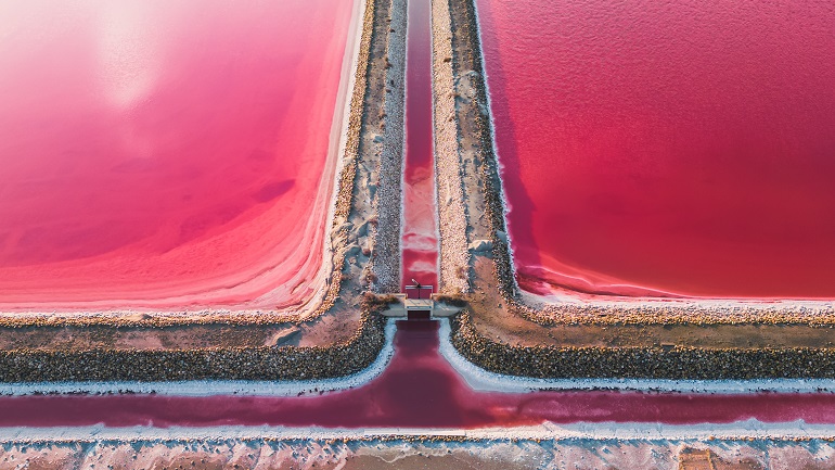 Aerial view of pink Salin de Giraud saltworks in the Camargue Regional Natural Park (© Daniel Bartuś | Dreamstime.com)