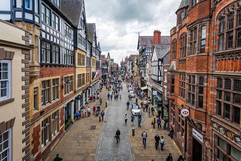 Aerial view of Eastgate Street and medieval timber framed buildings in Chester(© Njarvis5 | Dreamstime.com)