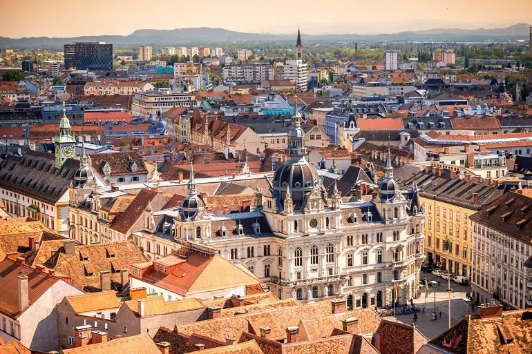 Aerial view of the Old Town of Graz with the Town Hall (© Rosshelen | Dreamstime.com)