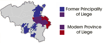 Principality of Liege (blue & purple) compared to the province of Liege (red and purple)