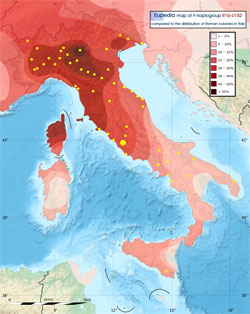 Distribution map of Y-DNA haplogroup R1b-U152 (S28) in Italy compared to the location of colonies founded by the ancient Romans