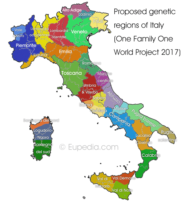 Proposed genetic divisions of Italy - One Family One World DNA Project