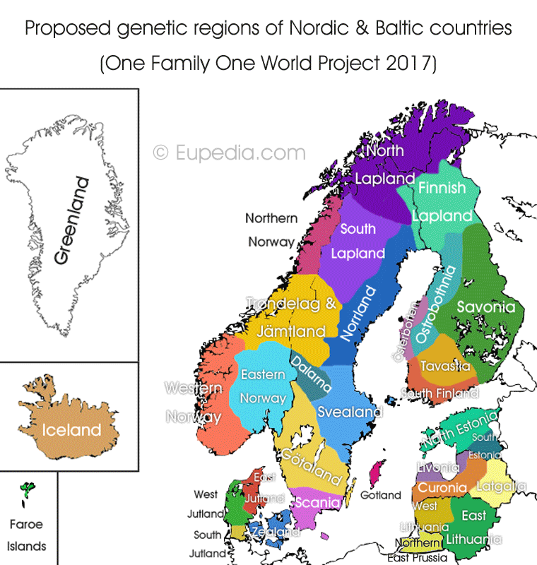 Proposed genetic divisions of Nordic and Baltic Europe - One Family One World DNA Project