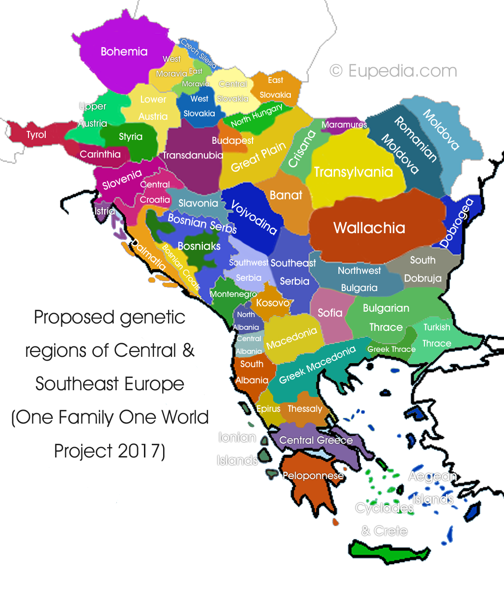Proposed genetic divisions of Central and Southeast Europe - One Family One World DNA Project