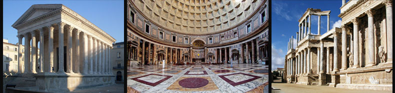 Buildings constructed by Marcus Vipsanius Agrippa: the Maison Carée in Nîmes, the Pantheon in Rome, and the Roman Theatre in Mérida.