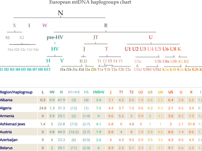 Regional frequencies of mtDNA haplogroups