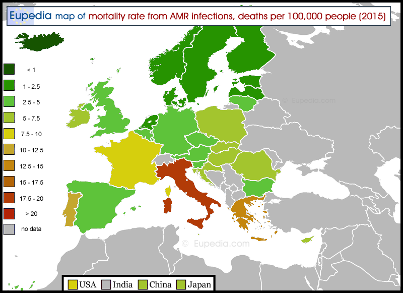Map of mortality rate from antibiotic resistant infections in and around Europe