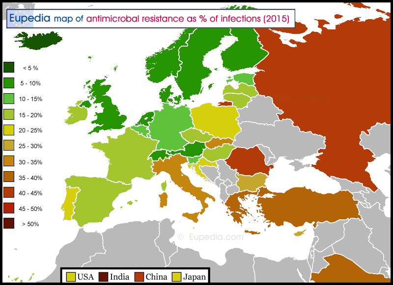 Map of average AMR prevalence rates as % of infections in and around Europe