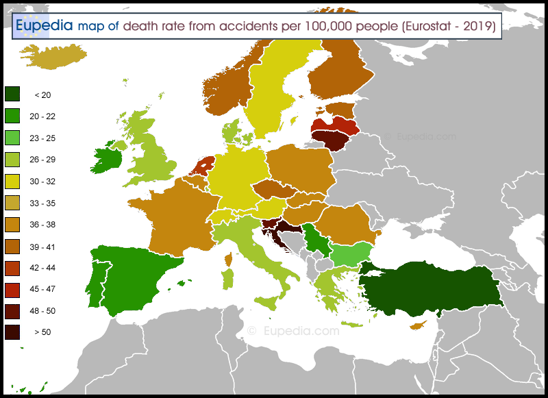 Map of death rate from unintentional injuries per 100,000 people in and around Europe