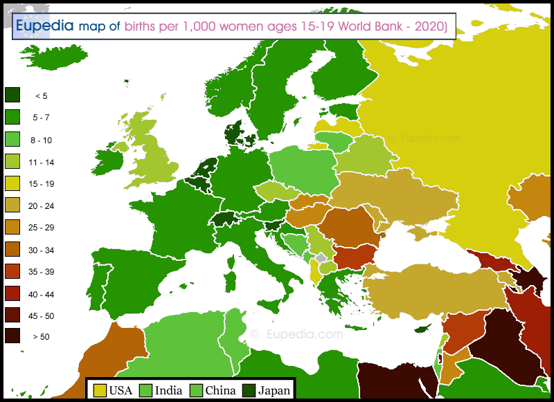 Map showing the fertility rate of adolescent women in and around Europe