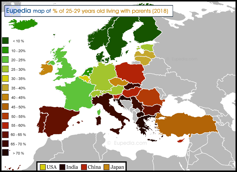 Map showing the pPercentage of people aged 25 to 29 years old living with their parents in Europe