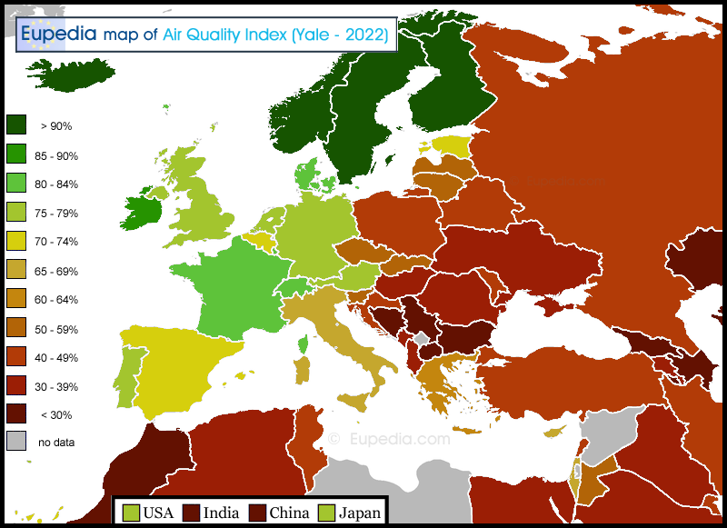 Map showing the Air Quality Index score by country in and around Europe