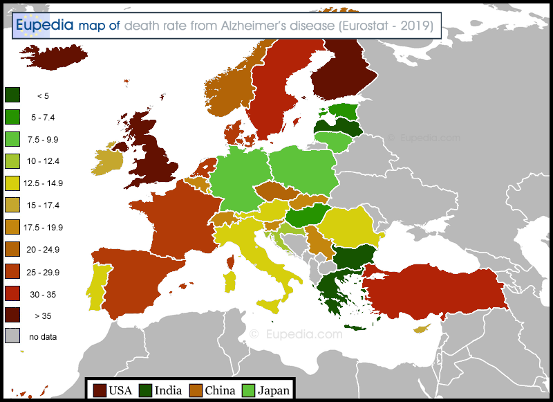 Map of death rate from Alzheimer's disease per 100,000 people in and around Europe