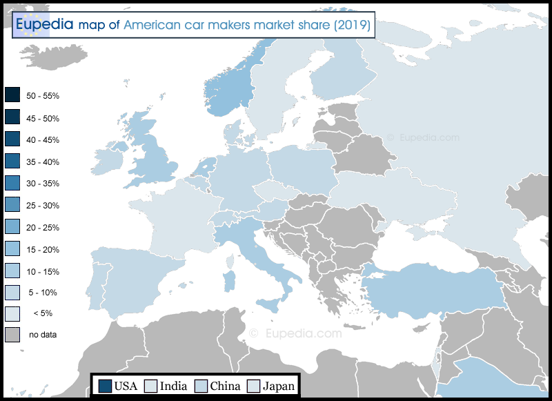 Map showing the percentage of American cars sold in 2019 in and around Europe