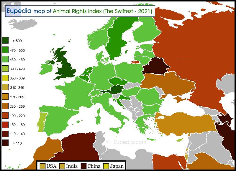 Map showing the score of the Animal Rights Index by country in and around Europe