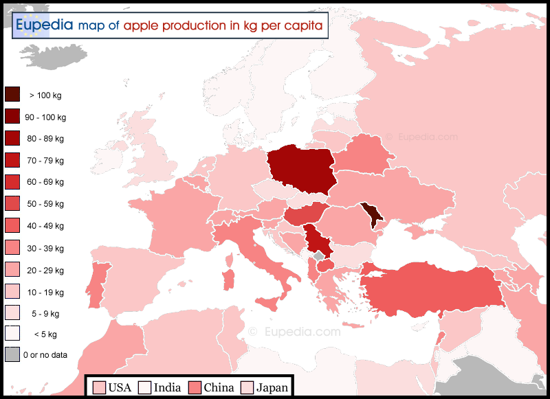 Map of apple production in kg per capita in and around Europe