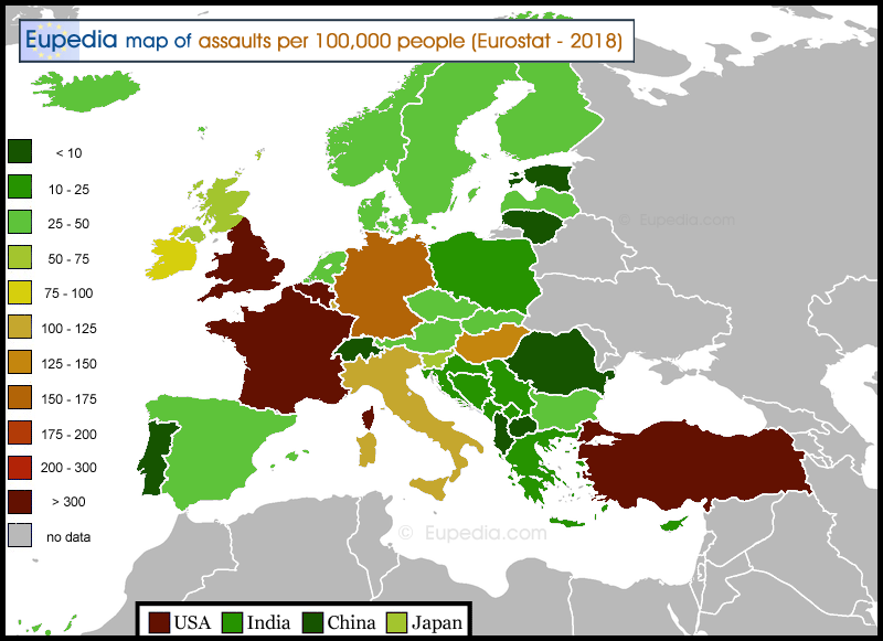 Map of assault rates in and around Europe